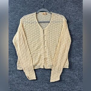 Vtg April Cornell Open Knit Cardigan Ivory Flower Crochet Coquette Cottage Fairy